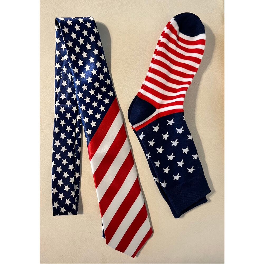 America tie and sock set that shines patriotic love. Guaranteed head turner